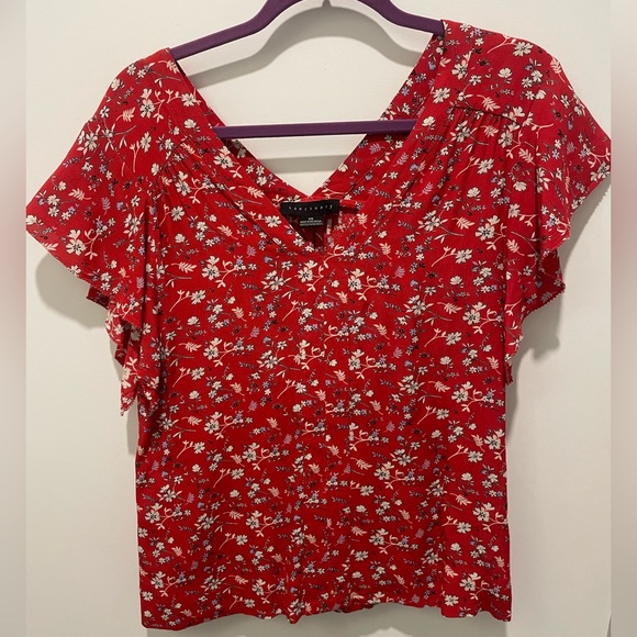 Sanctuary top - red floral, short sleeve flounce - Picture 1 of 5
